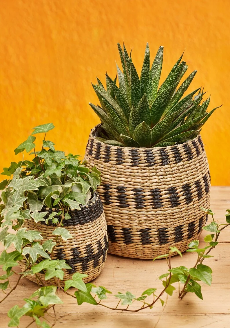 Seagrass Handmade Woven Basket with Black Paint and Cotton Hair Balls for Decoration or Plant Pot Hot Sales 2024