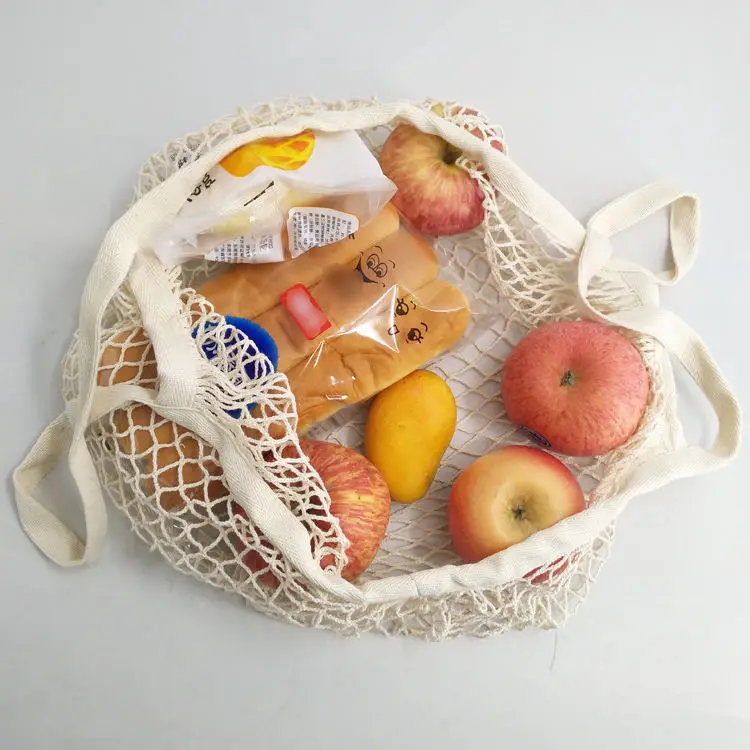 Оптовая продажа многоразовая Сетчатая Сумка с ручками Экологически чистая хлопковая для хранения покупок