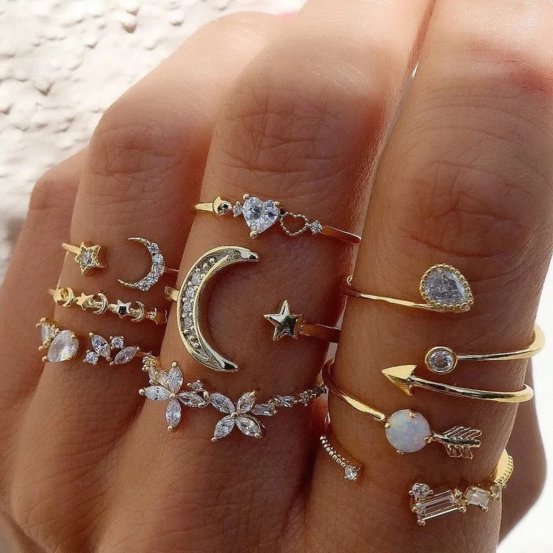 Wholesale Bohemian Midi Knuckle Ring Set For Women Crystal Star Moon Flower Love Crescent Geometric Finger Rings Vintage Jewelry