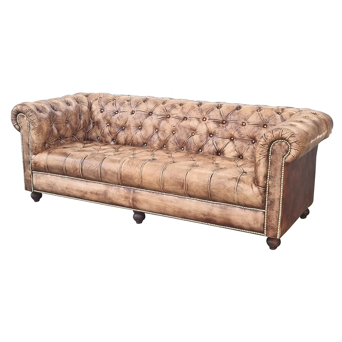 Tufted Genuine leather sofa 2022 new antique brown leather 3 seat sofa for living room sofa set