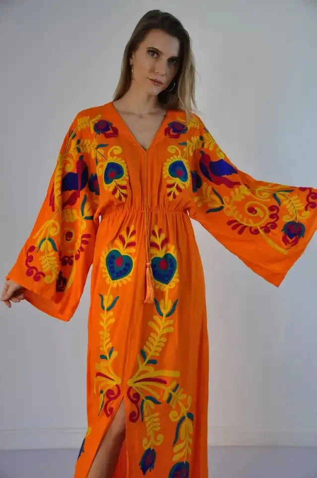 New Design Summer Resort Wear Floral Thread Embroidery Vintage Long Sleeve Floor Length Kaftan For Women Gift For Her