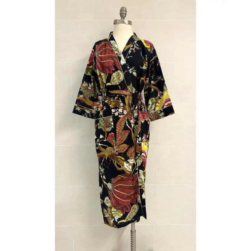 Hot Selling Good Quality Silk Material Long Length Floral Pattern Design Kimono Robe with Belt and Sleeves for Women & Girls