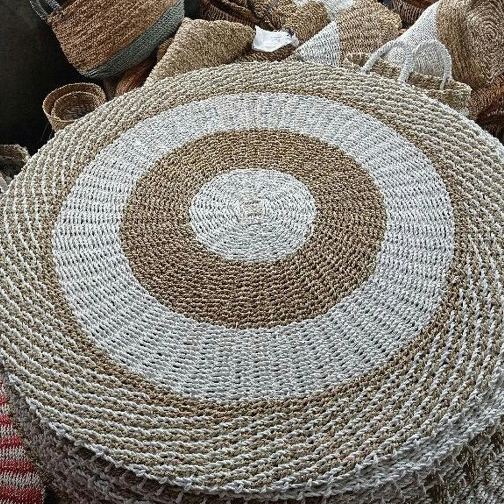 Wholesale Striped Seagrass Round Carpet Area Rug for Living Room Bedroom Bedside Woven Mat Home Decor Carpet Straw Floor Matting