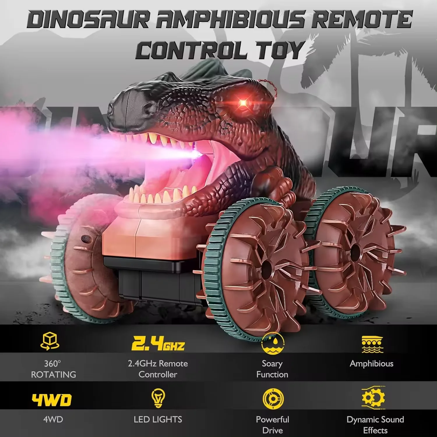 2.4G Amphibious Vehicle Toy Remote Control Car Dinosaur Monster Truck with Light Spray Function Waterproof RC Boat For kids