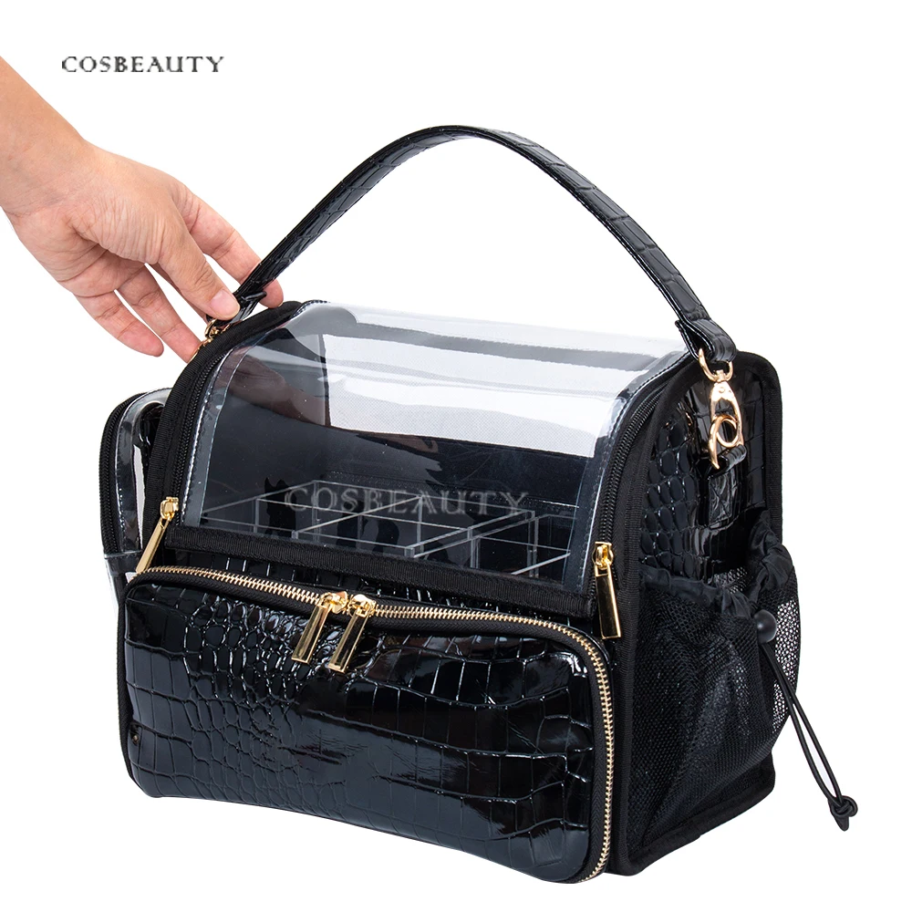 BSCI members Newest portable brush holder Custom Brushes Cosmetic Bag Black crocodile PU leather travel PRO MUA brush bag