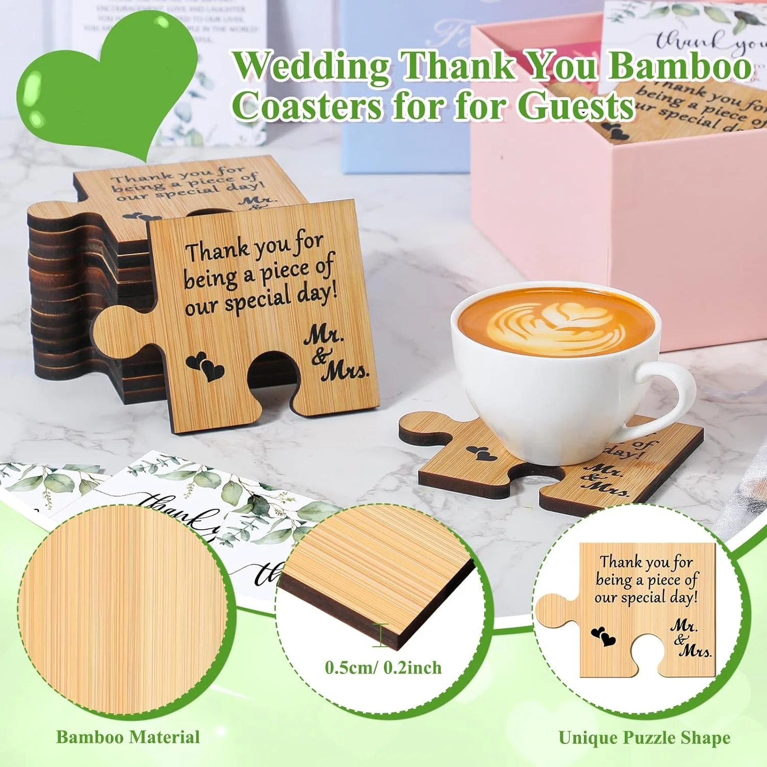 DIY 4PCS Wedding Thank You Favors for Guests Puzzle Piece Coasters Wedding Thank You Cards and Organza Bags for Wedding Gifts