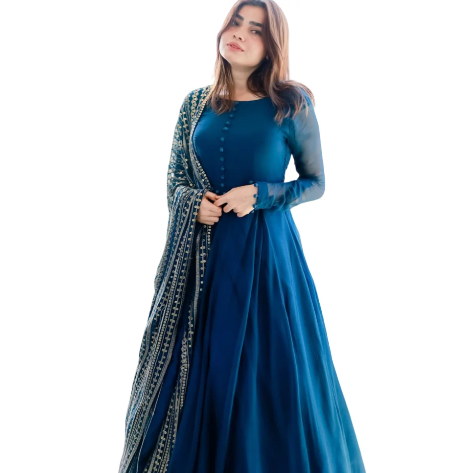 Readymade Anarkali Gown & Dupatta Set, Blue Faux Georgette With Embroidery Work Full Stitching Party Outfit for Women