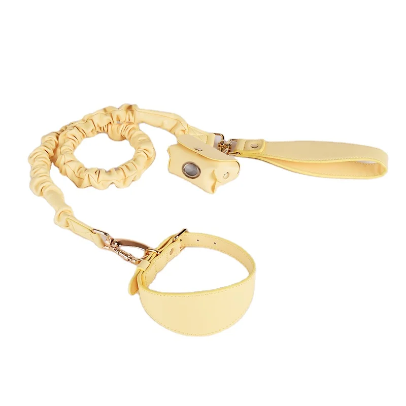 Customized Logo Personalized Luxury Soft Pu Leather Tangle Free Elastic Rope Bungee Big Pet Leads Collar Flexible Dog Leash