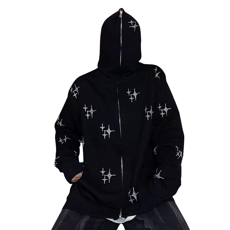 Wholesale Custom Bling Rhinestone Hoodie Design Skull Full Zip Up Custom Rhinestone Hoodies