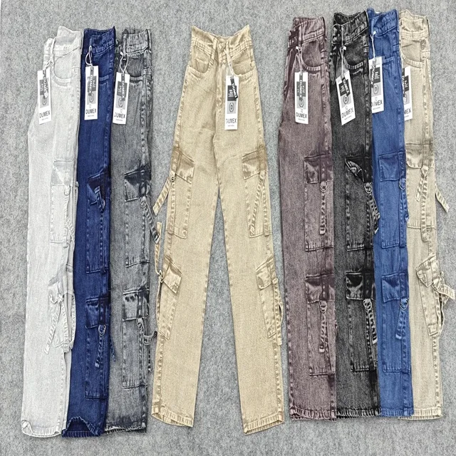 2024 Customized Retro Straight Wide Leg Khaki Cargo Pants Distressed Washed Multi-Pockets Fashionable Baggy Jeans Girls Children