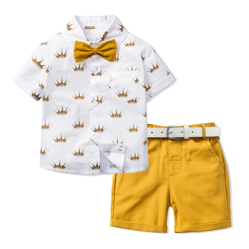 New Baby Boy Clothing Set Children Formal Suit Clothes 4pcs Crown Print Shirt Solid Shorts Kids Gentleman Set Bowtie