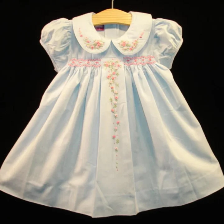 Beautiful NEW Boutique Design Hand Embroidered Smocked Dress Children Baby Girl LIGHT BLUE Ciao Bebe high-quality smocked, nice