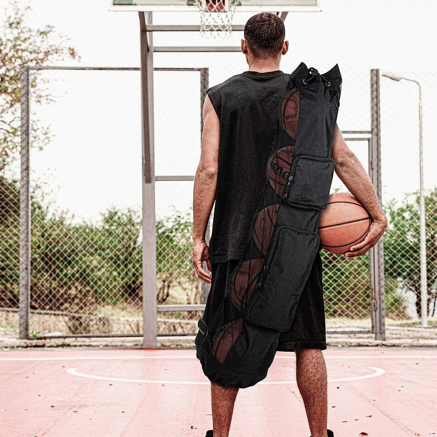 Heavy Duty Basketball Mesh Equipment Ball Bag with Shoulder Strap with Front Pockets for Coaching Sport Accessories