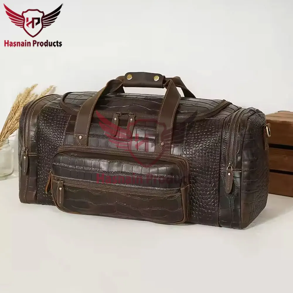 Premium OEM Custom Alligator Print Crocodile Pattern Genuine Real Leather Garment Overnight Weekend Travel Bags Duffel Bag