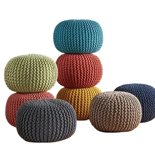 Новые Вязаные пуфы Хлопковый вязаный круглый пуф с бусинами из полиэстера витой веревкой