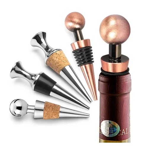 59 - STAINLESS STEEL ASSORTED DESIGN WINE STOPPER , SILICONE REUSABLE WINE AND BEVERAGE BOTTLE STOPPER