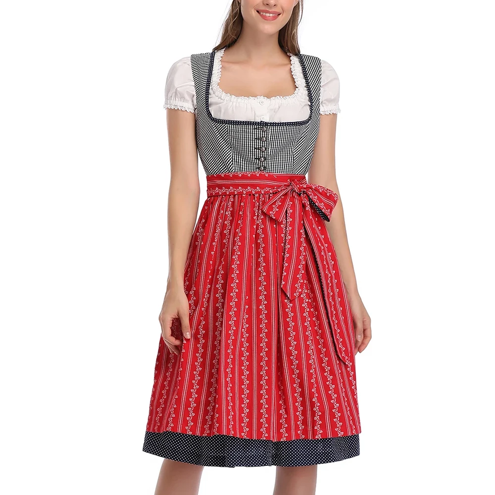 Новое модное женское платье Dirndl для взрослых быстросохнущее 100% хлопковое с коротким рукавом украшенное кружевом и пуговицами