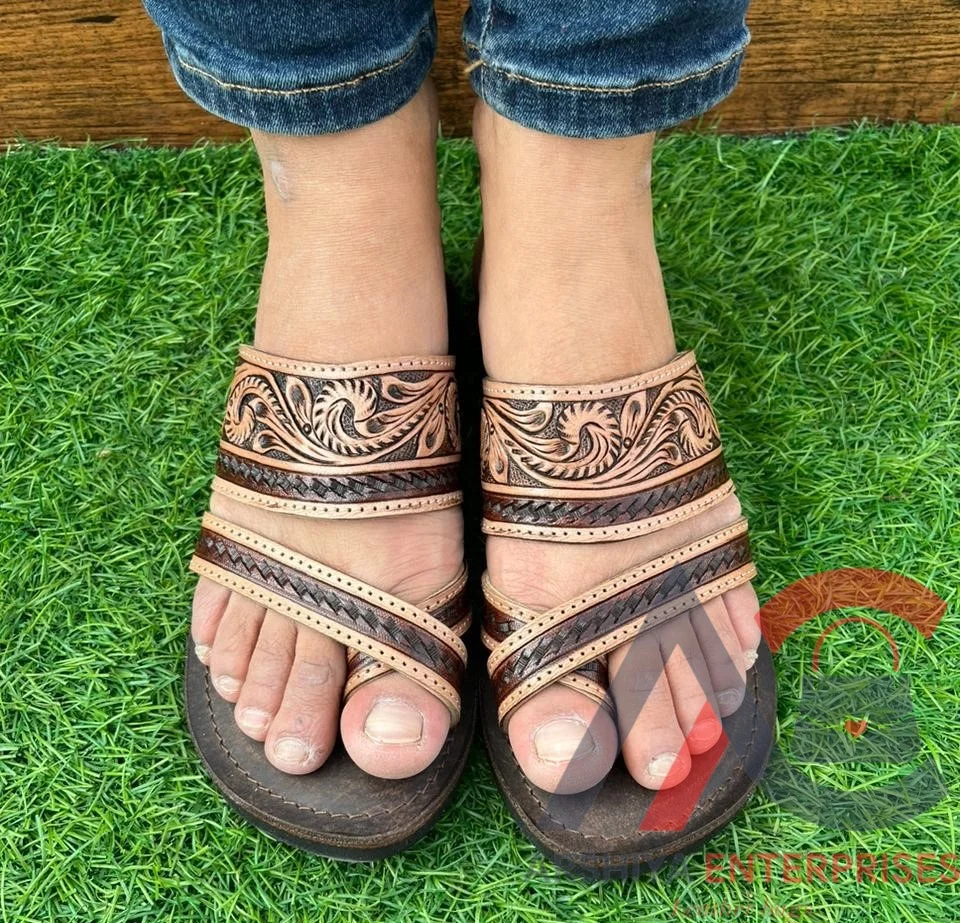 New Hand Tooled Leather Sandals For Women Traditional Moroccan Summer Shoes Natural Handmade Leather Vintage Bereber Flat Sandal