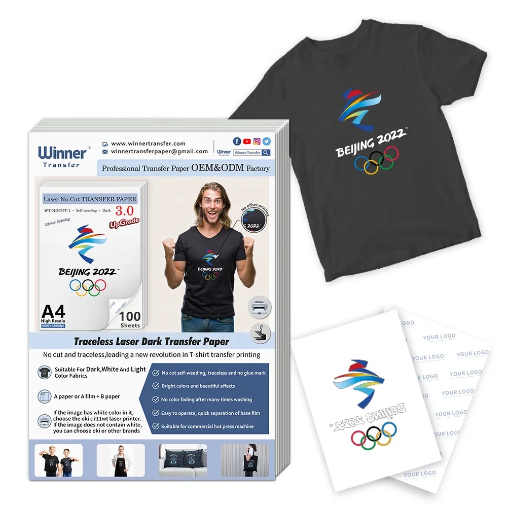 Winner Transfer custom design logo self weeding laser printing paper no cut heat transfer paper for dark fabric