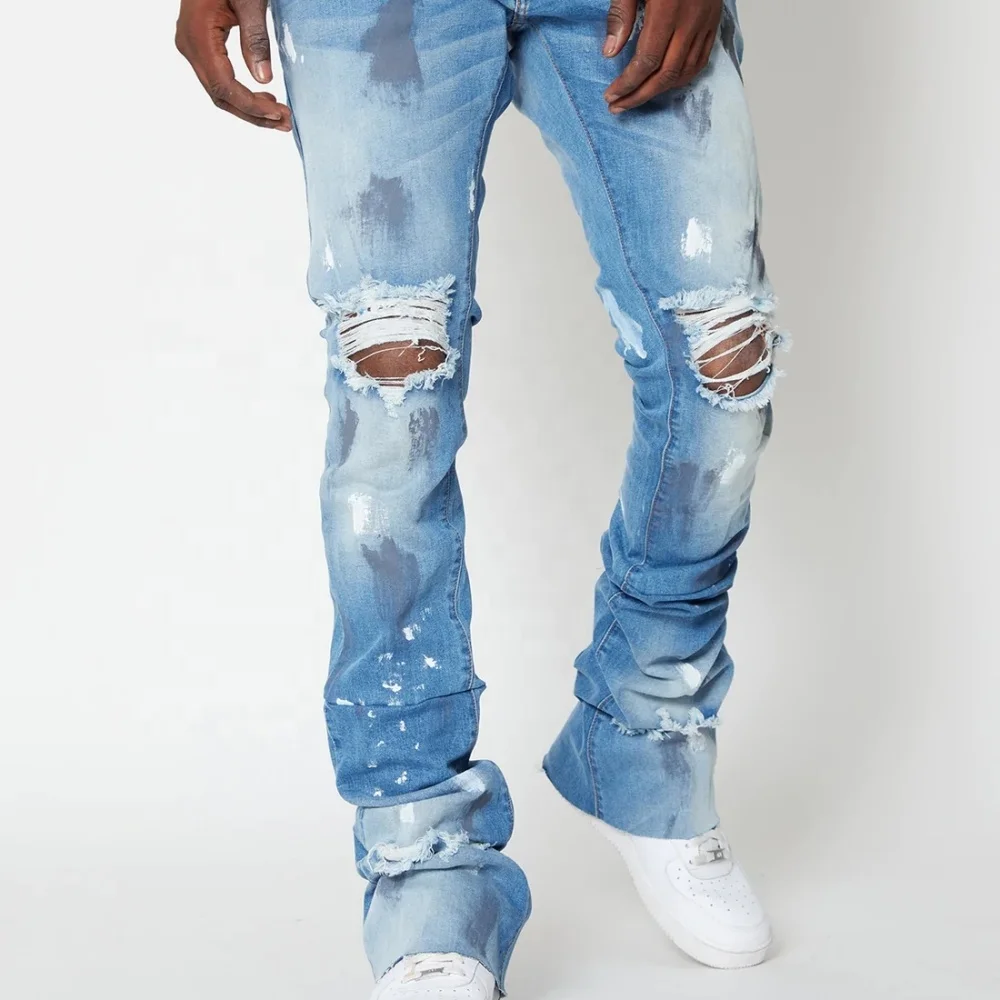 OEM/ODM custom stacked jeans men hole ripped jeans men print stacked jeans men distressed denim pants