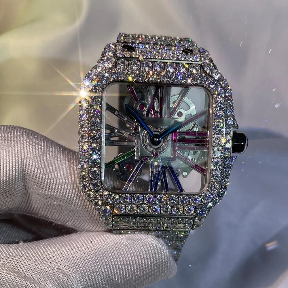 Custom Design and Logo Luxurious Studded Analog Stainless Steel IcedOut VVS Clarity Full Moissanite Diamond Hip Hop Wrist Watch