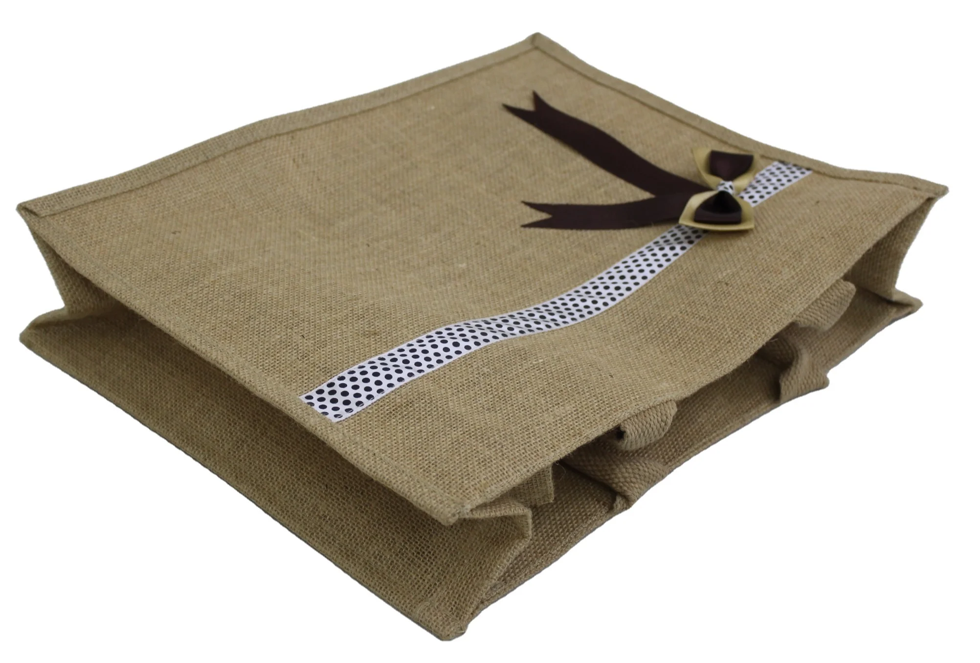 Zip Closure Designer decorative Satin Bow work PP Laminated Natural Jute Tote Gift Bag with padded Rope Handle