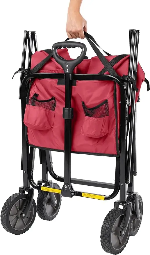 THCW10197 - Basics Collapsible Folding Wagon, Heavy Duty, Utility Wagon for Sports, Camping, Garden, and Shopping, Red