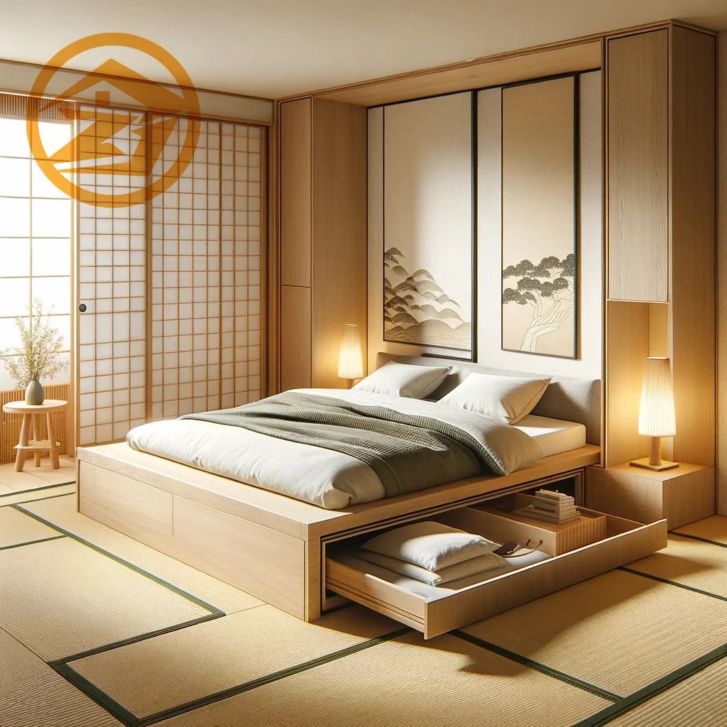 Eco-Friendly Wooden Hotel Bed with Integrated Storage | Zen-Inspired Elegance
