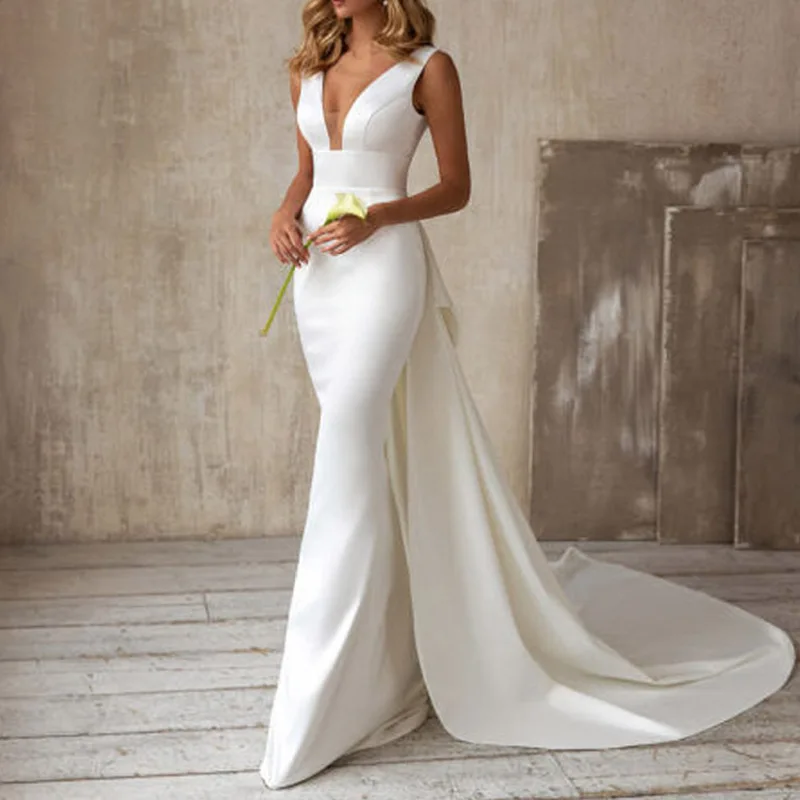 Hot Droma Ready to Ship High Quality Fashion V-neck Sleeveless Sexy White 2023 Girl Wedding Dress Wholesale