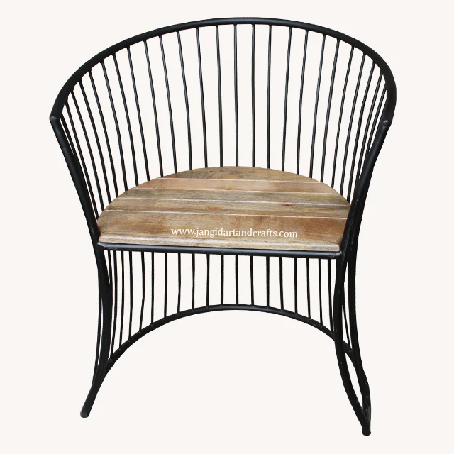Industrial Iron Mess Wire Outdoor Garden Chair with Mango Wooden Top Indian Hotel and Restaurant Furniture Supplier