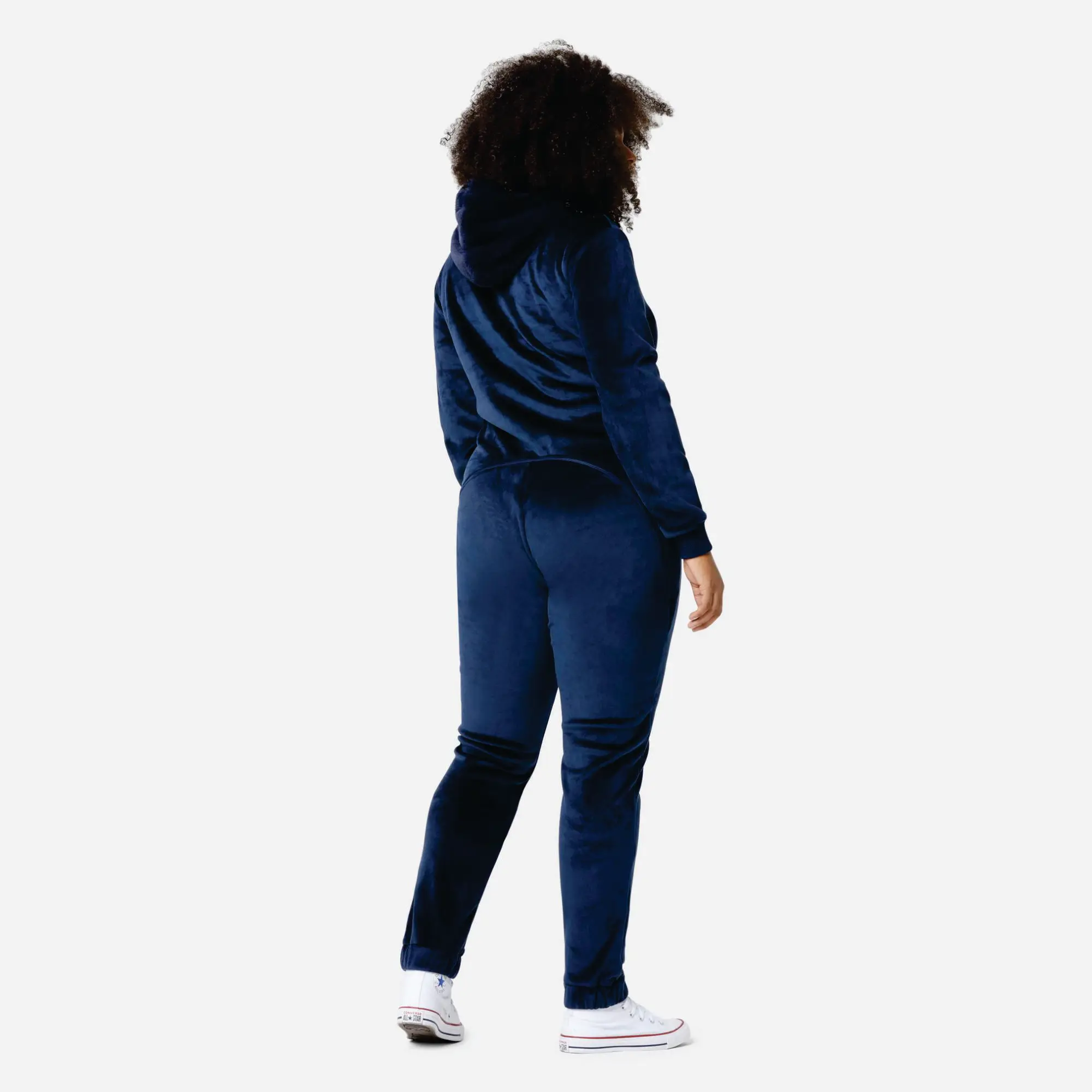 100% Polyester One Way Zipper Opening Front Kangaroo Pocket Navy Women Alps Soft Velvet Fitted Jumpsuit Cotton
