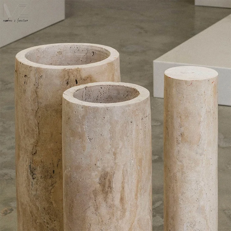 Modern Dining Room Furniture Oval Dinning Table Three Column Basse Beige Stone Round Travertin Travertine Marble Dining Table