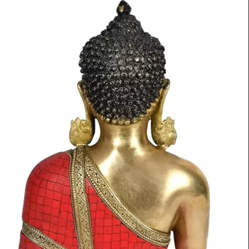 Tibetan Buddhist Lord Buddha in Earth Touching Gesture, Brass with Inlay Statue