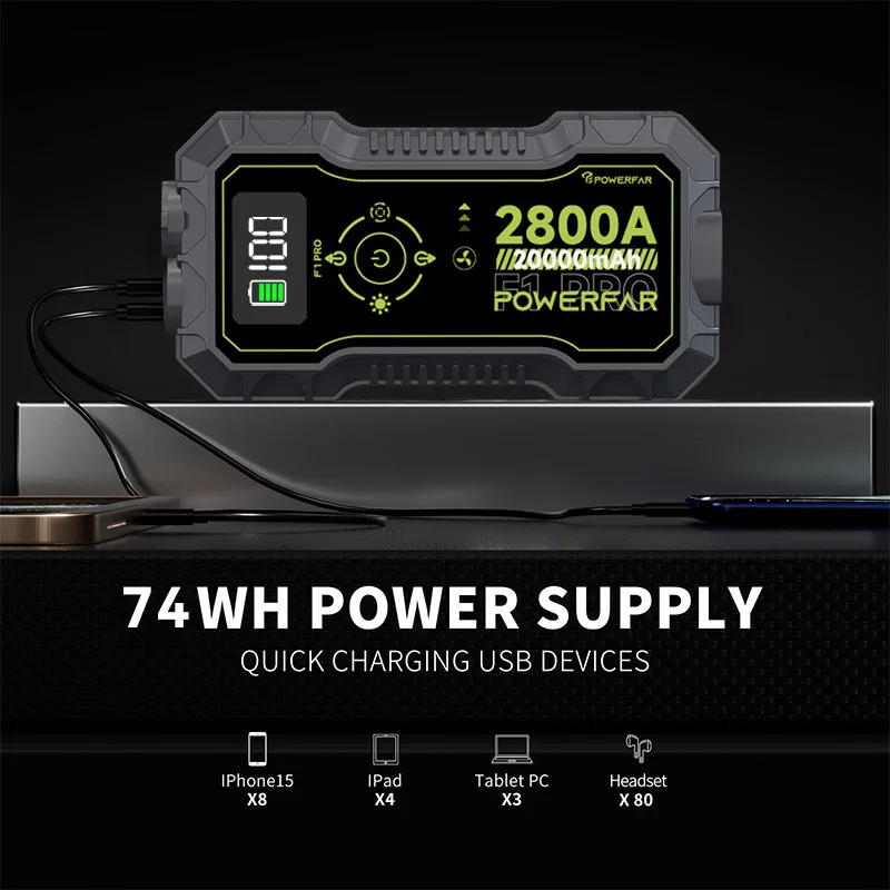 Powerfar capacitor emergency starter 4 in 1 portable emergency starter 2800A portable starter and tire inflator with air pump