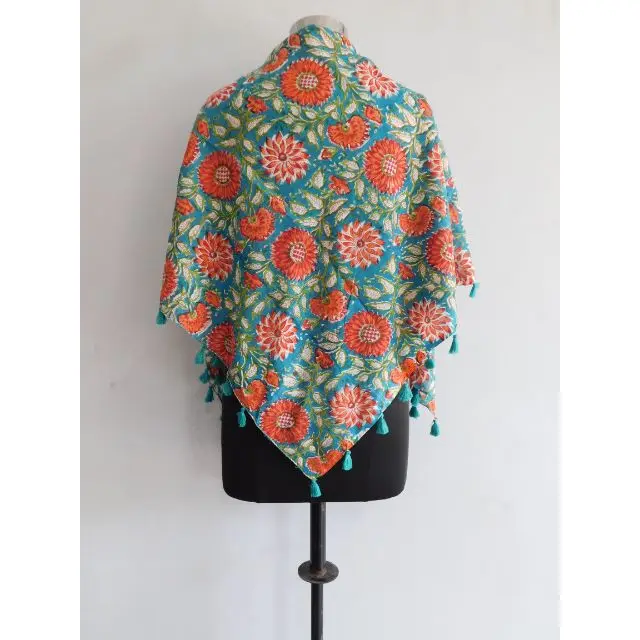 Women Handmade Cotton Winter Wear Scarf Ladies Tassel Red Floral Hand Block Printed Soft Shawl Stole Bandana