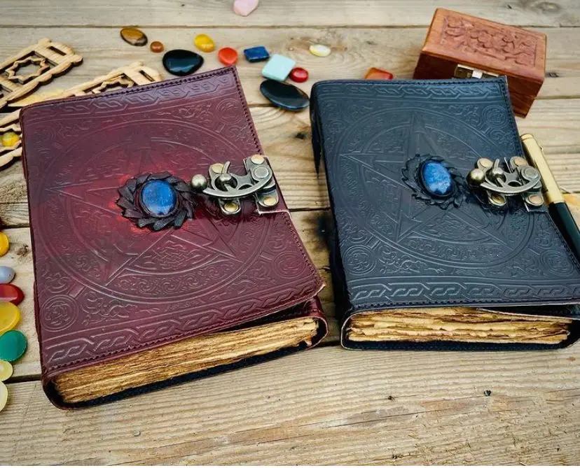 Vintage Leather A5 Journal 18 x 13 cm Dark Brown with Original Lapis Lazuli Stone & Antique Lock Paper Cover for Men & Women