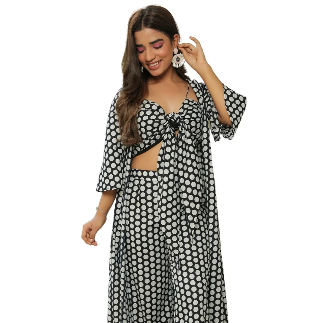 Jet Black Polka Jacket With Front Tie Up Top And Pant Set Designer Indian Style High quality Digital Printed Co-Order Dress