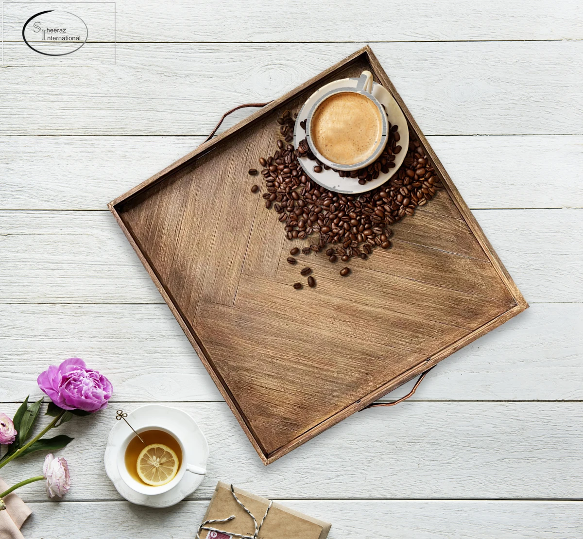 High Quality Square Large Ottoman Acacia Wooden Serving Tray with Leather Handles Commercial Restaurant Food Tray Breakfast Tray