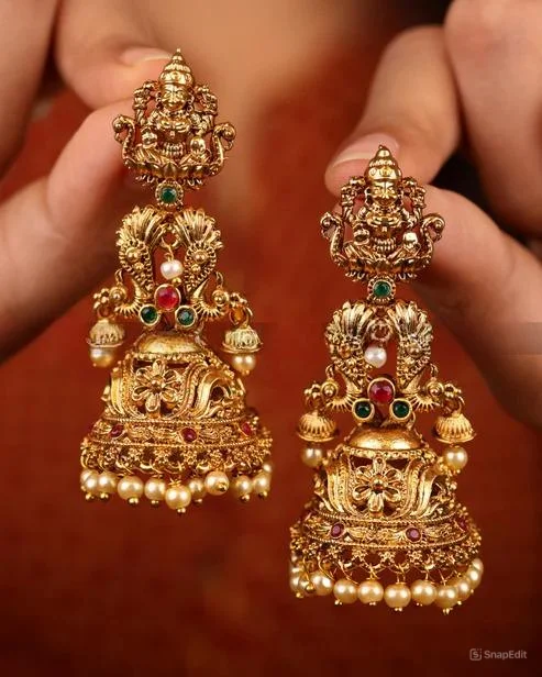 Traditional And Fashionable Antique South Indian Earrings And Temple Jhumki Earrings With Matte Gold Plated For Women And Girls