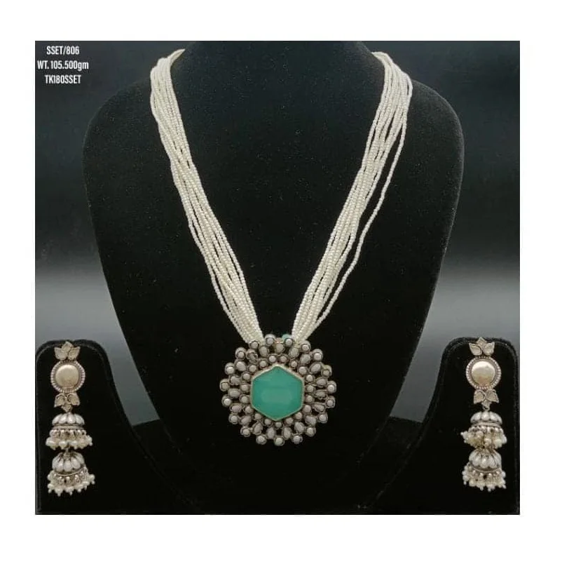 Fashionable Necklace Good Finishing Jewelry Set Aqua Chalcedony Carving Stone 925 Silver Beaded Necklace Set With Earrings