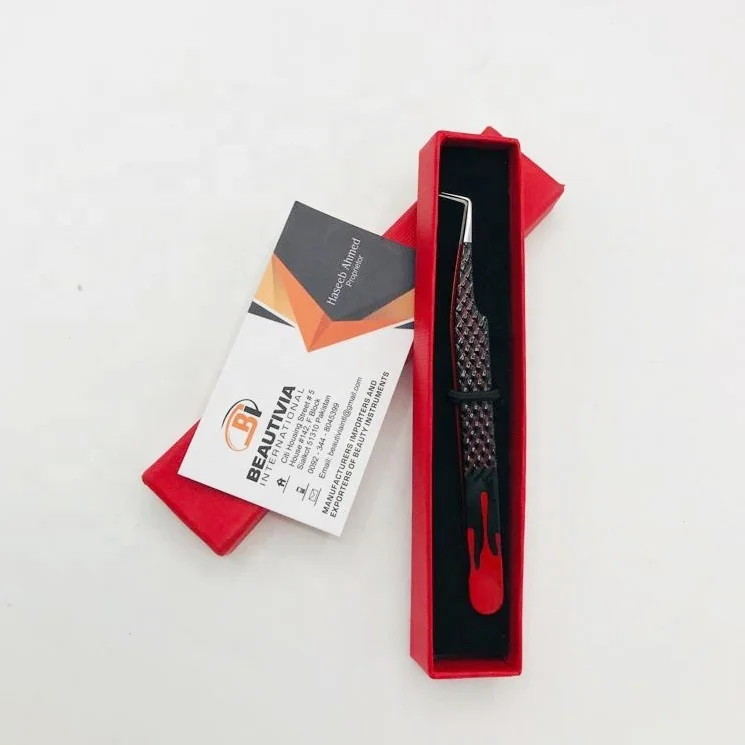 Custom Logo Eyelash Extension Tweezers Black and Red Flame Design Sustainable Steel with 90 Degree Tip Paper Coated for Lashes