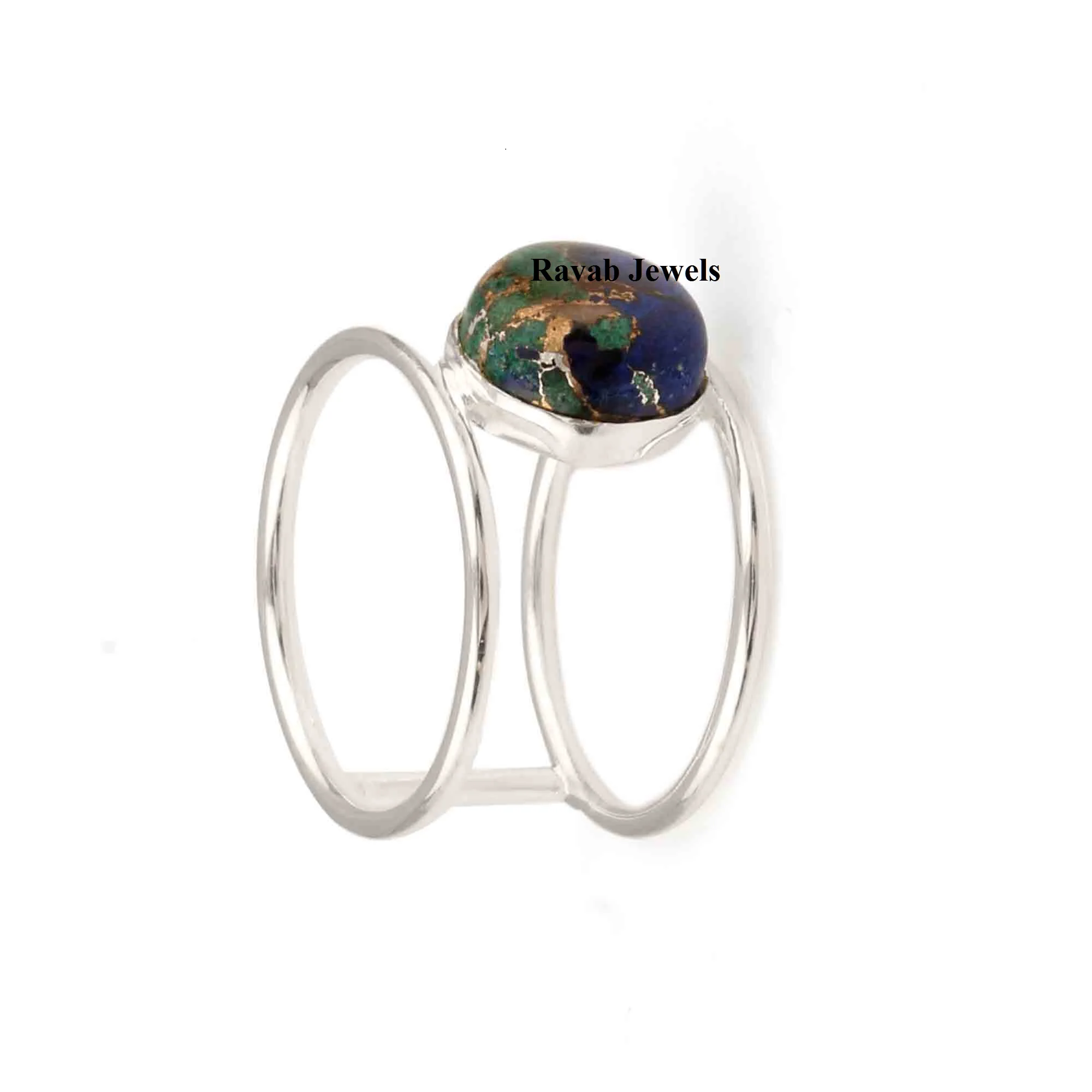 2024 Custom Double Band Sterling Silver Ring 12mm Natural Azurite Malachite Eternity Vermeil Bezel Fine Jewelry Manufacture