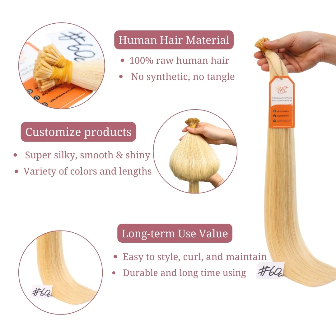 Super Double Drawn Vietnamese Pre bonded I Tip Human Hair Extensions Virgin Cuticle Aligned Hair