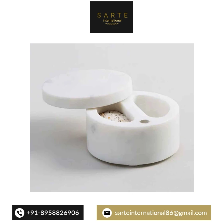 Luxury Marble Pinch Pot and Spoons Set Marble Seasoning Storage Jars Wooden Base Salt Spice Jar from Indian Supplier