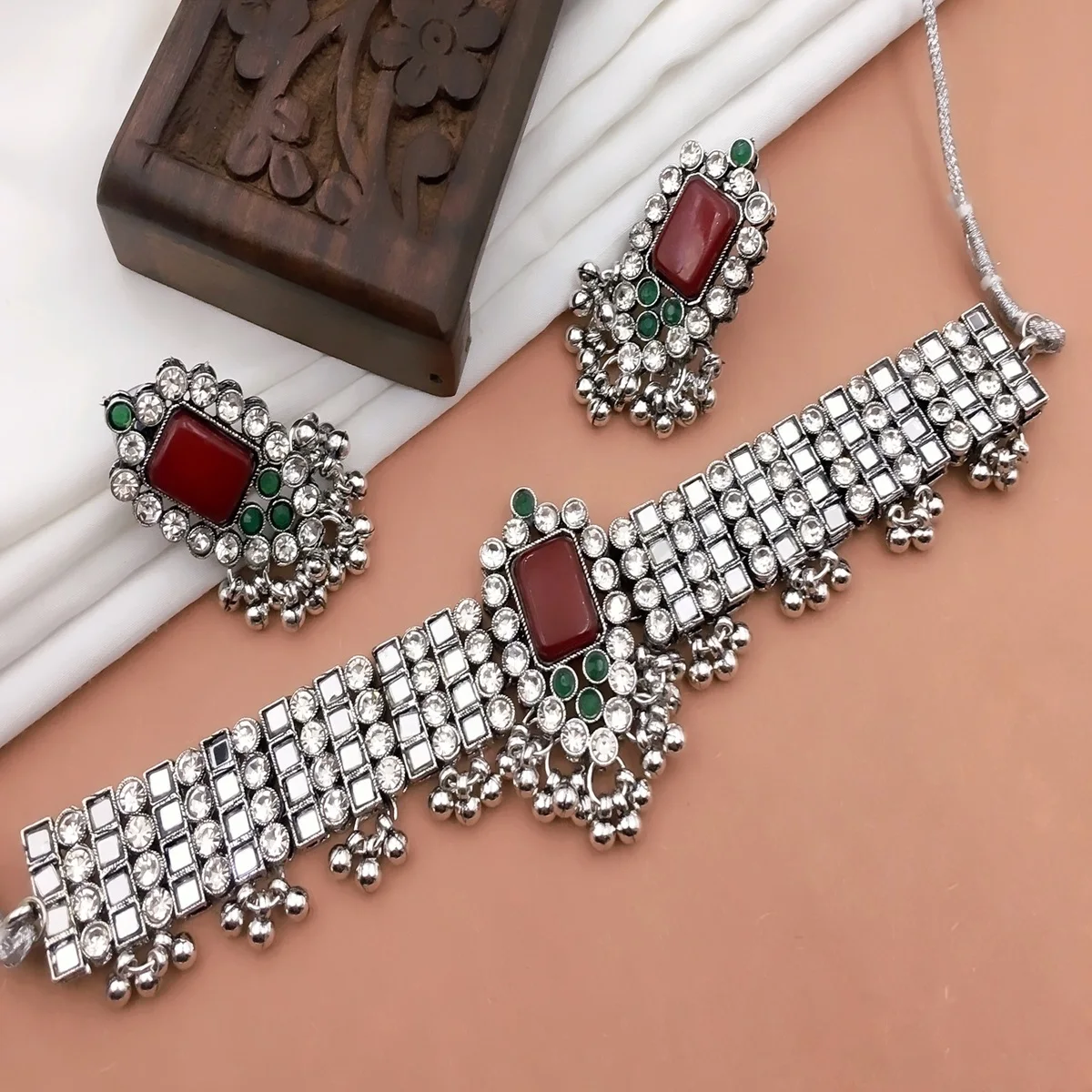 Indian Oxidized Jewellery Choker Necklace Traditional Jewellery Wedding Wear  and Bell Charms Dangle Earring For Women, Silver