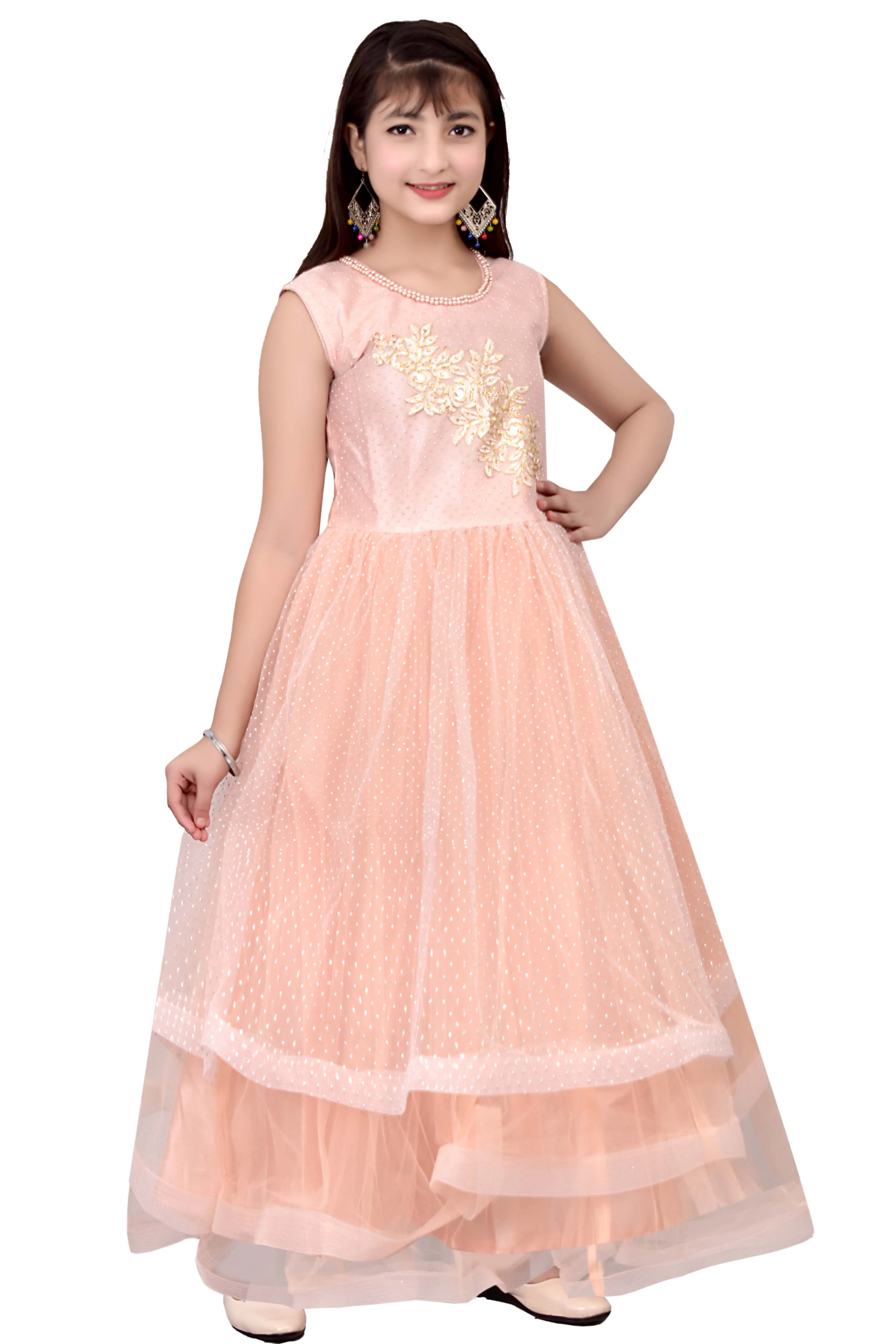 Traditional Patch Net Long Maxi Gown Dress For Girls 3 - 10 Years Best Quality Stylish Design In Stock Item