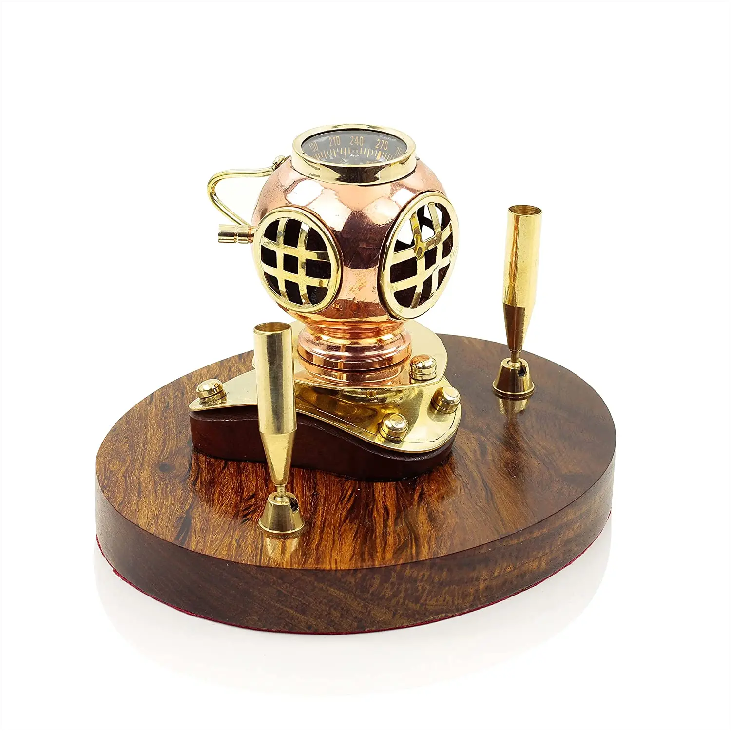 Exclusive Collection of Wooden & Brass Pen Holder with Time Clock Table Desk Pen Holder with Shiny Polish Pen Holder