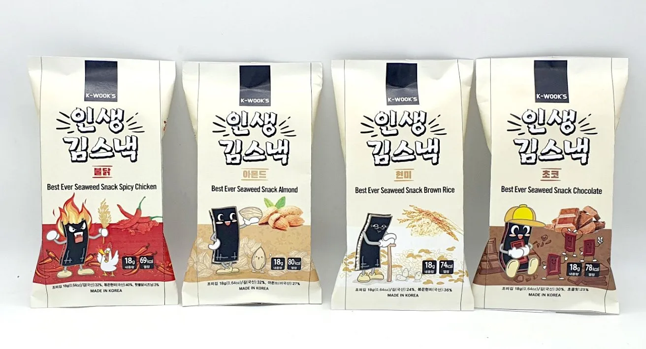 seaweed laver snack made in Korea 18g Almond Spicy Chicken Brown Rice Chocolate