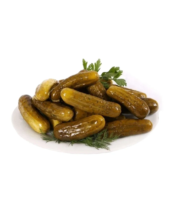 Gherkins mature in a yellow vinegar pickled, packed and pasteurized lightly salty taste