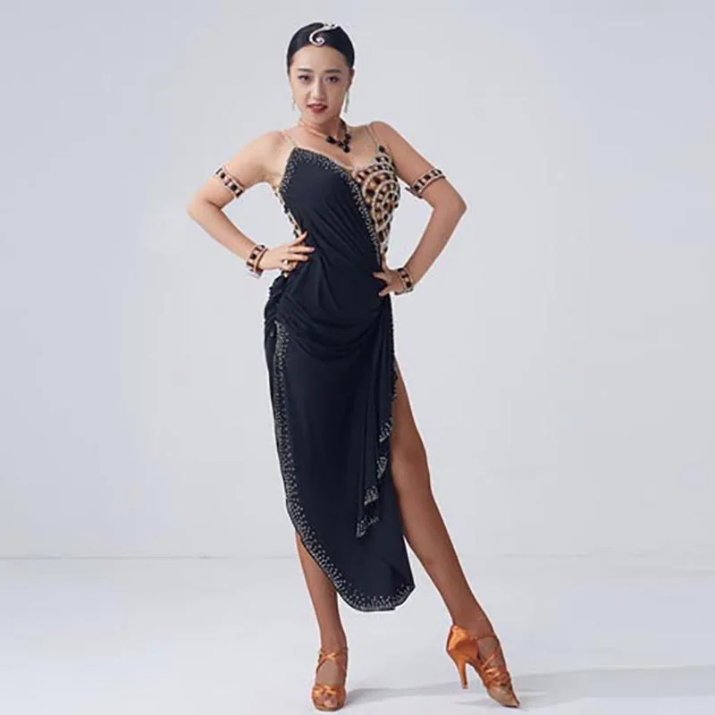 L-2056 New Latin Dance Dress Competition Latin Dance Costumes Skirt Performing Dress Sparkly Rhinestones Black Rumba Dress